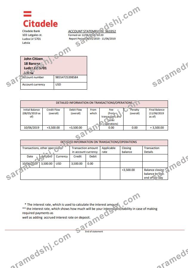 Latvia Citadele bank statement template, Word and PDF format (.doc and .pdf)